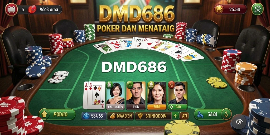 Screenshot gameplay DMD686 menunjukkan suasana permainan Poker yang kompetitif.