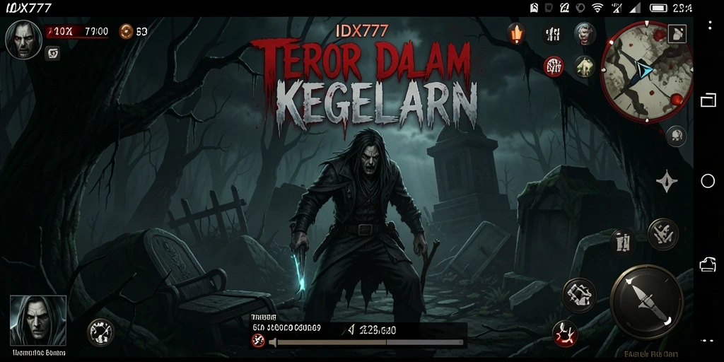 Screenshot utama IDX777 menampilkan suasana menegangkan saat menghadapi monster di kegelapan.