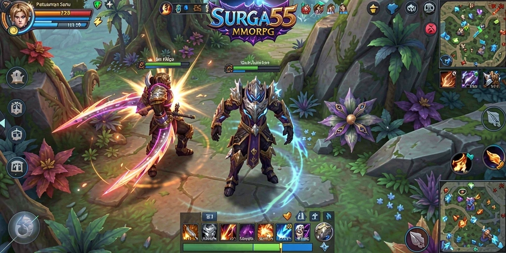 Tampilan gameplay SURGA55 dengan karakter petualang di dunia fantasi.